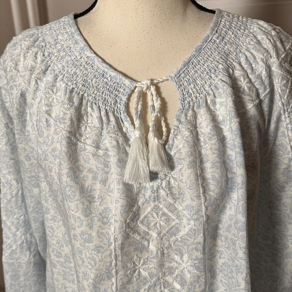 Joie Linen Blend Embroidered Peasant Top Tassels Smocked Neck Flowy Preppy Beach - Picture 6 of 17